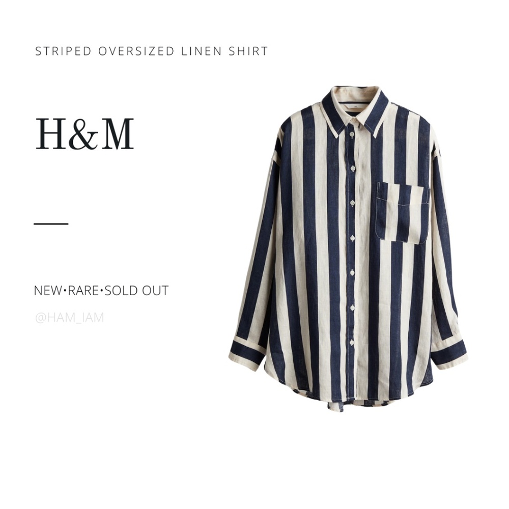 NWOT H&M Navy Blue & Cream Striped Oversized Linen Shirt
